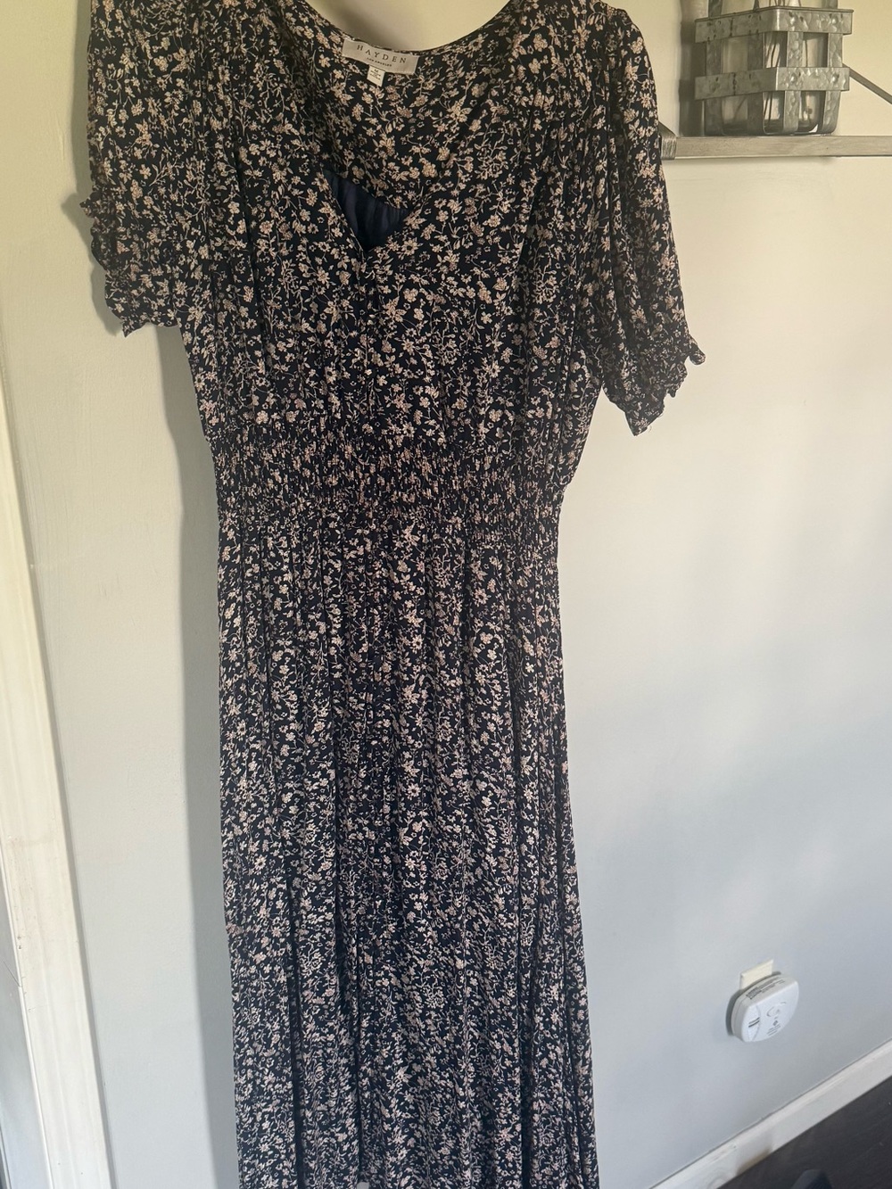 Hayden Los Angeles Navy Blue Boutique Floral Midi Dress with Smocked Waist